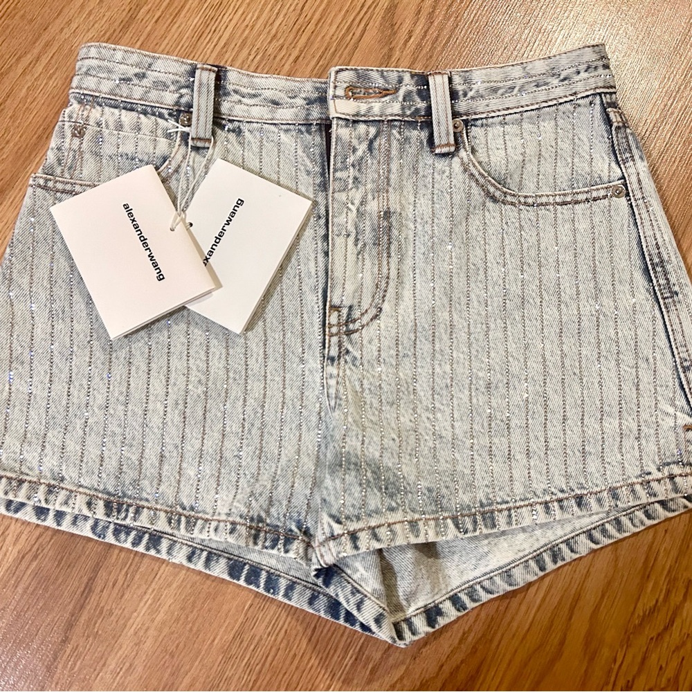 ALEXANDER WANG Crystal-embellished denim shorts Size 25 New with Tag